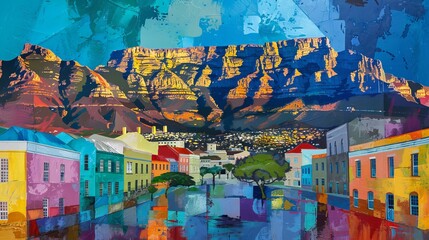 Fototapeta premium An urban scene filled with vibrant colored houses is set against the dramatic backdrop of a towering mountain range, showcasing the harmonious blend of city life and nature.