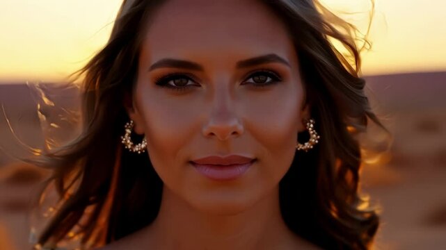 A tight shot of the models windswept hair glowing in the fading light of the desert sunset framing her face in a halo of gold.