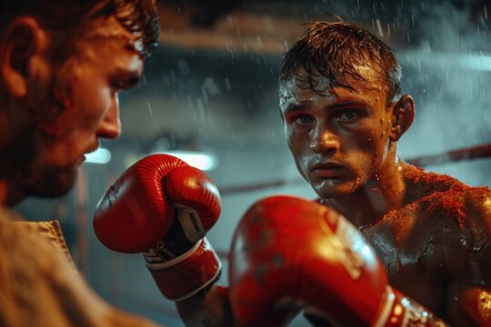 A high-energy boxing match captured mid-action, showing two determined boxers in the ring, emphasizing the intensity, skill, and physical prowess required in the sport.