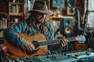 Obraz premium A musician absorbed in playing an acoustic guitar within a cozy, well-equipped studio, highlighting the passion, creativity, and intimate atmosphere of music creation.
