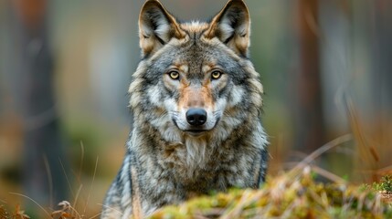 Obraz premium An intense portrayal of a wolf with a captivating gaze in its natural habitat, showcasing the beauty and strength of the wilderness. Perfect for wildlife enthusiasts.