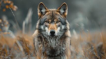 Obraz premium A mesmerizing photo of a wild wolf intensely gazing amid fall forest foliage, perfectly capturing the essence of nature's raw beauty and the untamed wilderness. Great for nature art lovers.