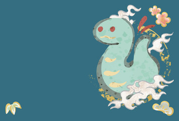 年賀状　年賀　2025　はがきテンプレート　土鈴　巳年　巳　蛇　へび　墨絵　水彩　かわいい　イラスト