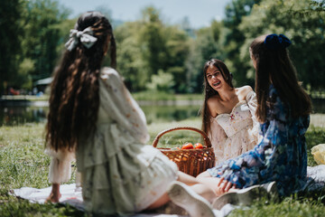 Obraz premium Four sisters enjoying a sunny day outdoors, sharing laughter and moments of togetherness during a family picnic in the park.