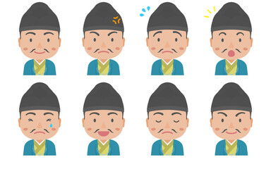 色々な表情の烏帽子をかぶった武士