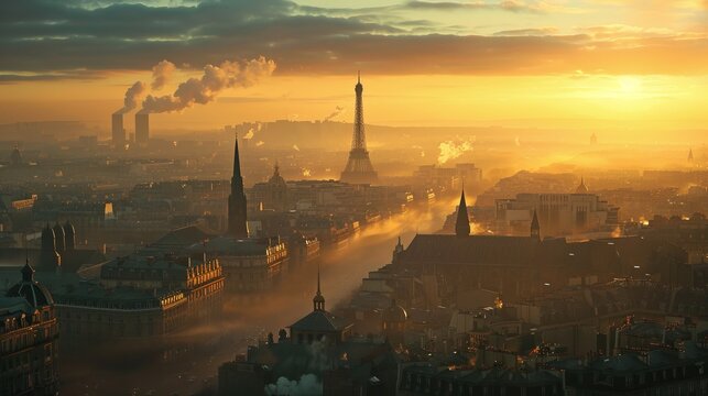 The Eiffel Tower dominates the Parisian skyline at dawn, surrounded by a mix of old and modern buildings, with rising smoke adding texture to the atmospheric scene.