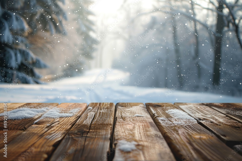 Poster empty wooden table with snowy forest scene in the background, perfect for product display