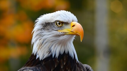 Obraz premium A stunning close-up of a bald eagle's head against an autumn backdrop, showcasing its piercing eyes, sharp beak, and detailed feathers with exceptional focus.