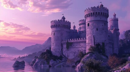 A stately, majestic castle overlooks a tranquil body of water, with a captivating purple sky providing a serene backdrop. The scene resonates with timeless elegance and peace.