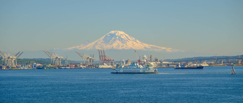 The Seattle Bainbridge Ferry with Mount Ranier in background