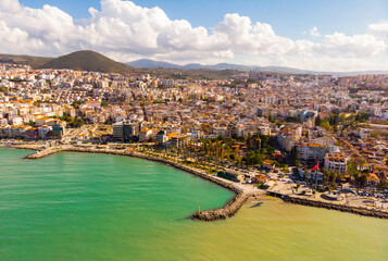 Obraz premium View from drone of large resort town of Kusadasi on Turkey Aegean coast on sunny day, Aydin Province
