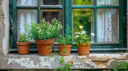 Brown pots with green flowers on windowsill outside house