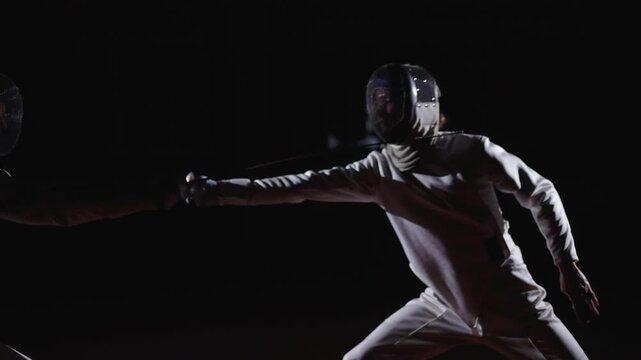 Professional Fencing Sport, Active Men Fighting On Fencing Track, Slow Motion, Training And Match