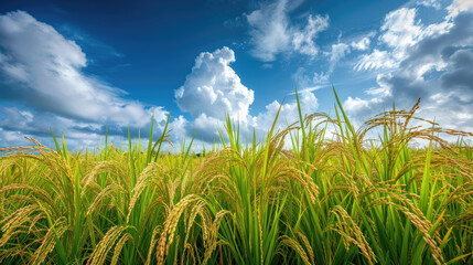 The golden rice ears swaying in green paddy fields, with blue sky and white clouds in the background