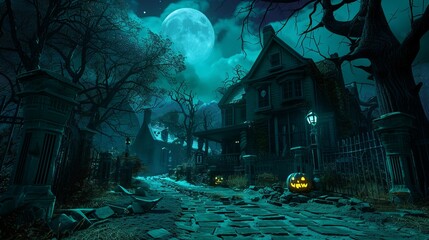 An abandoned house under a full moon, surrounded by ghostly trees with glowing pumpkins on the path. A chilling haunted scene perfect for Halloween themes.