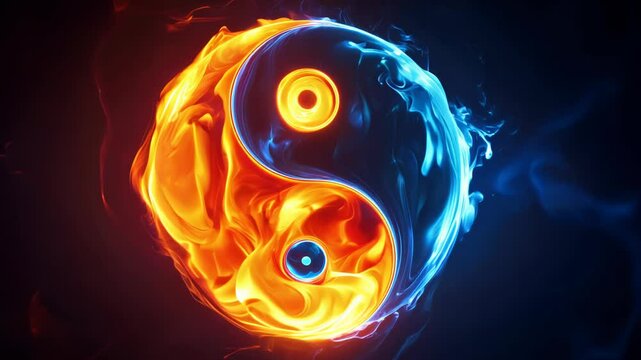 Yin yang symbol ablaze with fiery orange and cool blue energies. Swirling flames and water vapor create dynamic balance. Glowing core radiates harmony of opposing forces.	