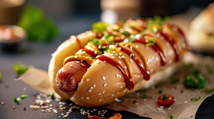 A hot dog with mustard and ketchup sits on a table next to a plate of french fries