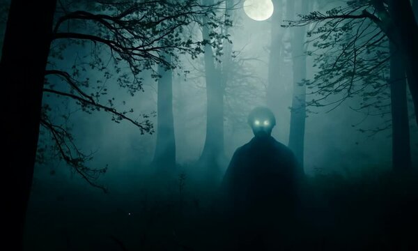 A man in a black cape is walking through a forest at night. The moon is shining brightly in the sky, casting an eerie glow on the trees. The atmosphere is dark and mysterious 4K Video