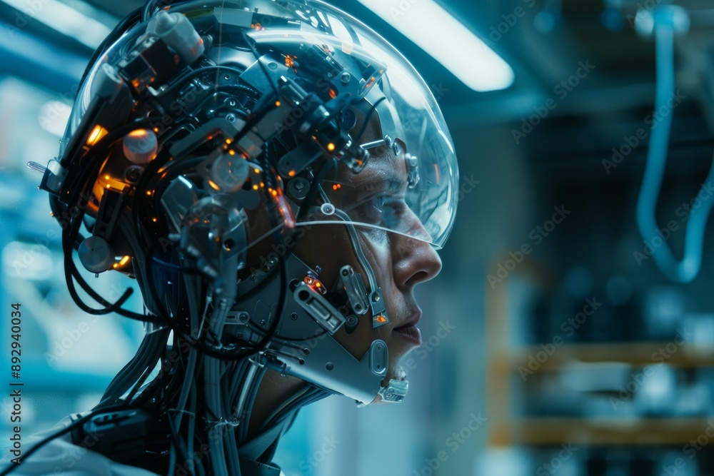 Poster closeup of a cyborg with a transparent helmet and intricate wiring, set in a hightech lab environmen