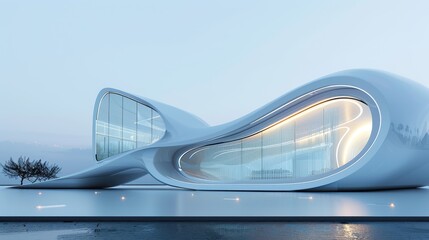 The building has a very modern and sleek design. The windows are large and the building is lit up with neon lights. Scene is one of sophistication and elegance