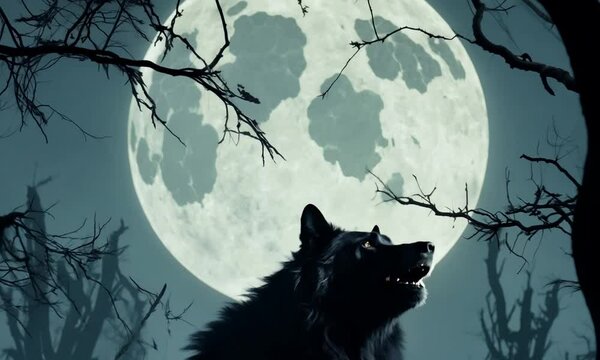 A black wolf is standing in front of a full moon. The wolf is looking up at the moon and he is howling. The image has a dark and mysterious mood, with the moon casting 4K Video