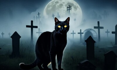 A black cat is walking through a graveyard at night. The cat is looking at the camera and has yellow eyes. The graveyard is full of gravestones and the moon is shining brightly in the sky 4K Video - Powered by Adobe