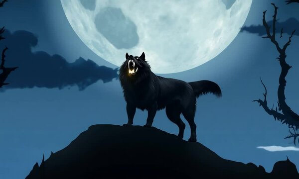 A black dog is standing on a hill in front of a large moon. The dog is barking and he is very alert. The scene has a dark and mysterious mood, with the moon Video