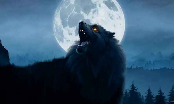 A large wolf is standing in front of a full moon. The wolf has glowing eyes and is barking loudly. The image has a dark and ominous mood, with the moon casting a shadow over the scene 4K Video