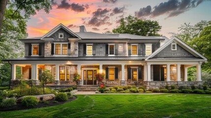 Professional real estate photo of a luxury home with a large front porch, grey shingle walls, white stone accents, black shutters, lush green yard, and trees, captured at sunset.