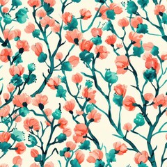 Watercolor coral and teal Chintz pattern seamless repeating pattern, minimal pattern, high contrasty 