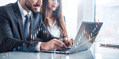 Modern Office Scene: Business Analysts Collaborating on Stock Market Insights