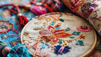 Colorful embroidery hoop with floral patterns and thread