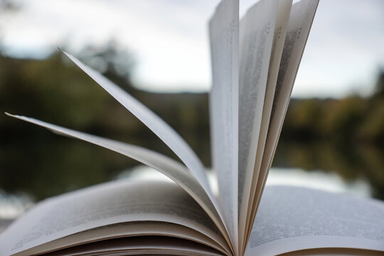 Pages of an open book on the wooden deck on the lake in the forest. Concept of reading, relaxing, meditating, education, visiting libraries, book exhibitions. Close up. Side view. Selective focus
