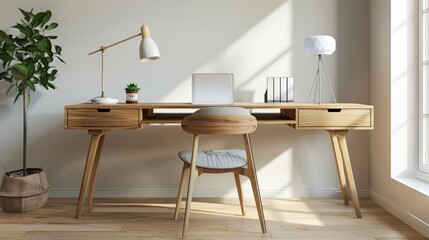 Scandinavian Style Wooden Desk with Modern Desk Lamp in Minimalist Office