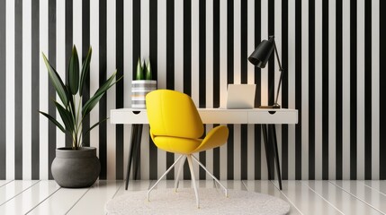 A black and white striped wall with a colorful painting on it. A desk with a chair and a lamp