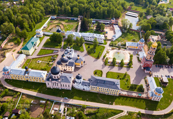 Aerial view of architectural ensemble of Orthodox Voznesenskaya Davidovskaya poustinia, Moscow...