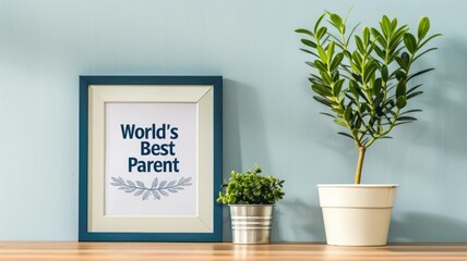 Framed sign reads "World's Best Parent" beside plants on wooden surface