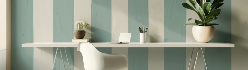 A black and white striped wall with a colorful painting on it. A desk with a chair and a lamp