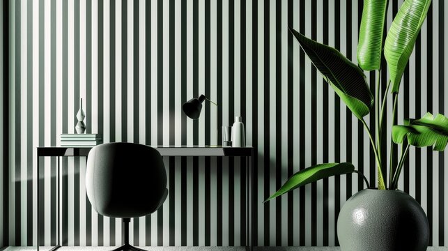 A black and white striped wall with a colorful painting on it. A desk with a chair and a lamp