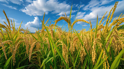 The golden rice ears swaying in green paddy fields, with blue sky and white clouds in the background