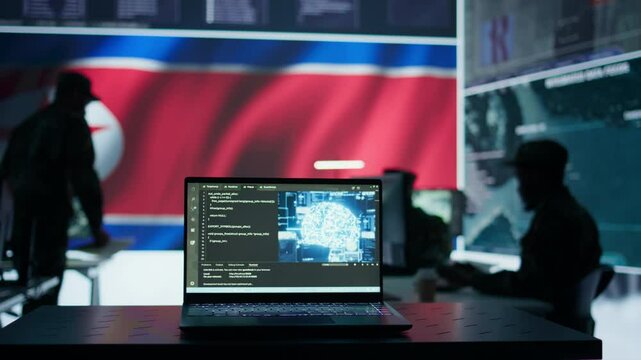 Military personnel working next to AI brain neural network in a command post with a North Korea flag on big screen. IT engineer employing deep learning to spread misinformation for scams. Camera B.