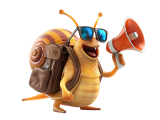 cute cartoon snail in casual clothes and backpack and wear sunglasses hold megaphone isolated transparent background