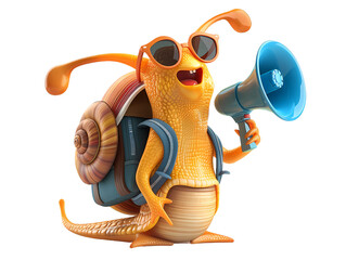 cute cartoon snail in casual clothes and backpack and wear sunglasses hold megaphone isolated transparent background