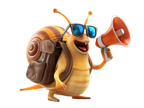 cute cartoon snail in casual clothes and backpack and wear sunglasses hold megaphone isolated transparent background