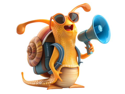 cute cartoon snail in casual clothes and backpack and wear sunglasses hold megaphone isolated transparent background
