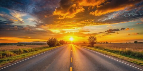 Sunset casting a warm glow over a quiet road , sunset, road, evening, dusk, landscape, peaceful, serene, nature, scenic, horizon