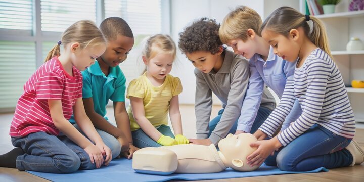 Pediatric first aid training concept image featuring a group of children learning CPR and bandaging techniques , children
