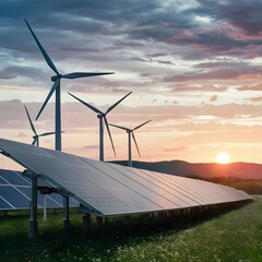 wind turbine and solar panels with sunset light, green energy solar panels