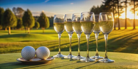 Five glasses of champagne next to golf equipment, celebration, luxury, champagne, golf, sport, club, tournament, social event, festive