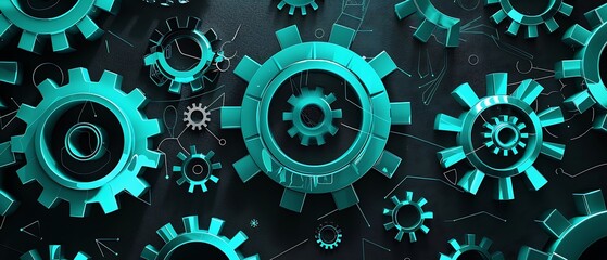 Sophisticated Futuristic Digital Technology Background Featuring Teal Gears and Cogs on Black, Perfect for Modern Mechanical Concepts